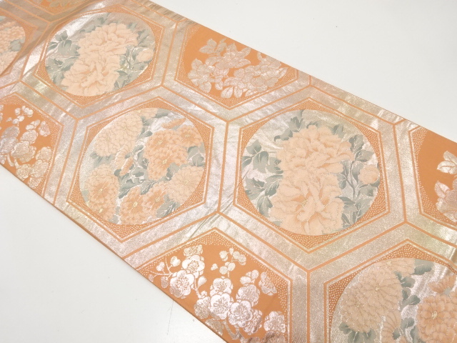 亀甲に花丸模様織り出し　袋帯